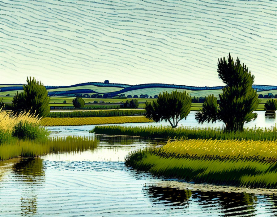 Serene landscape with trees, river, hills, and textured sky