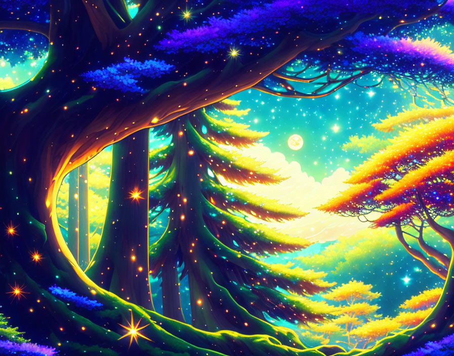 Colorful forest scene with glowing lights and magical ambiance