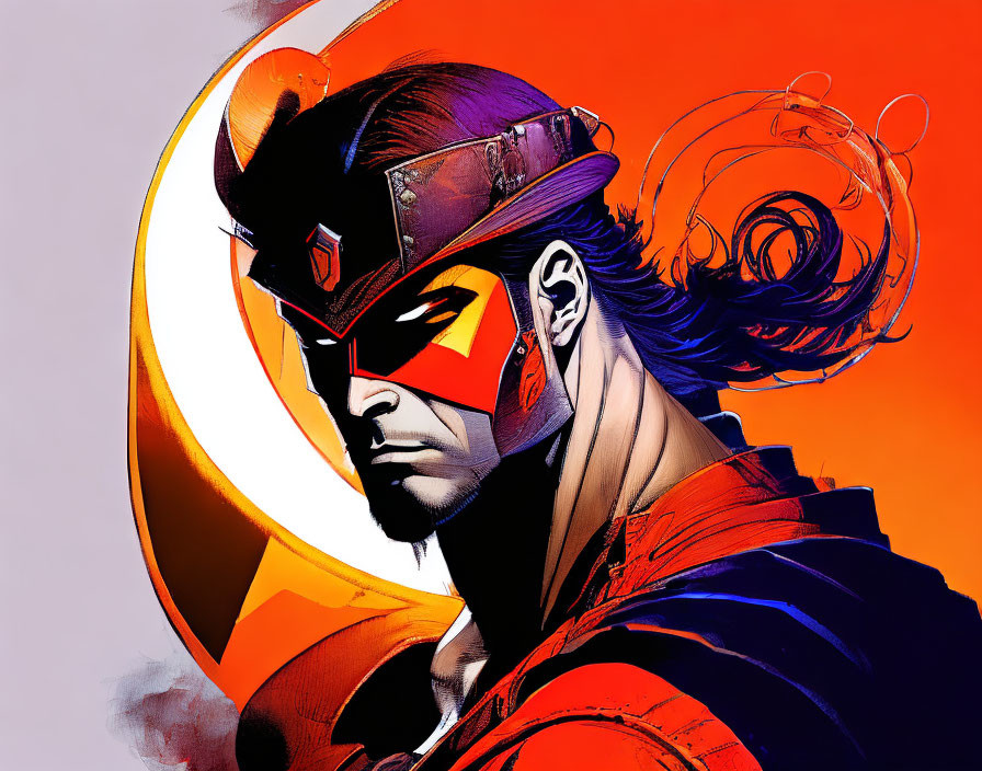 Stylized male superhero illustration with visor and cap in bold red and blue colors