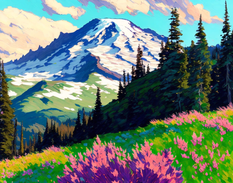 Snow-capped mountain painting with pine trees and wildflowers