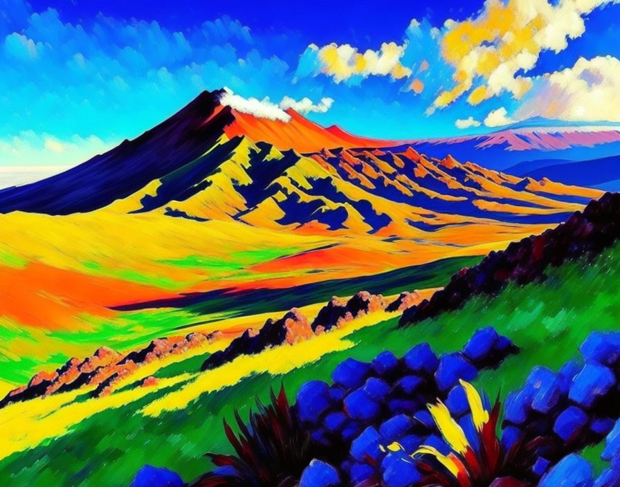 Colorful Mountain Landscape Painting with Fields and Sky