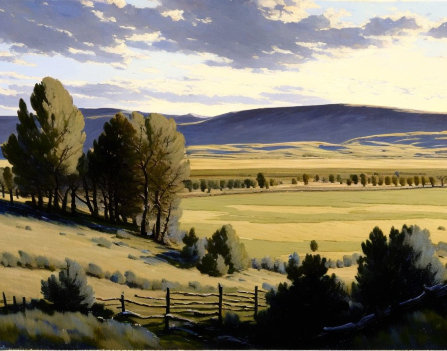 Tranquil landscape with trees, shadows, field, and hills