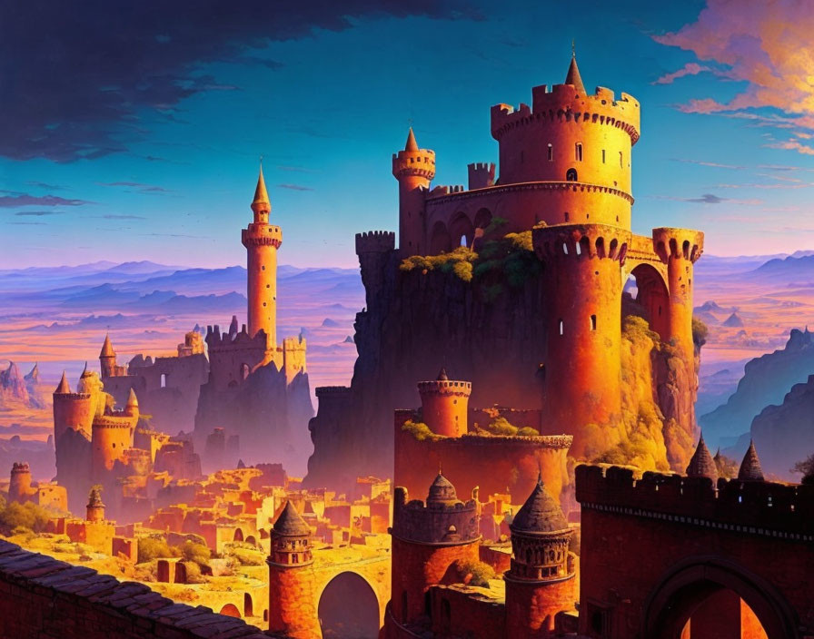 Majestic red castle in rocky desert landscape at sunset