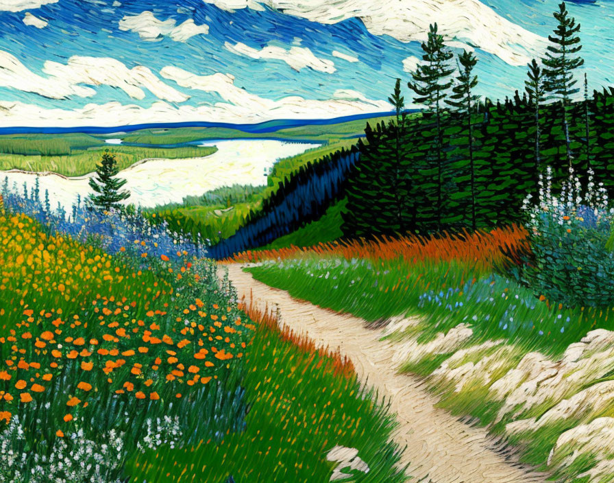 Scenic trail painting of colorful meadow, forest, and blue lake