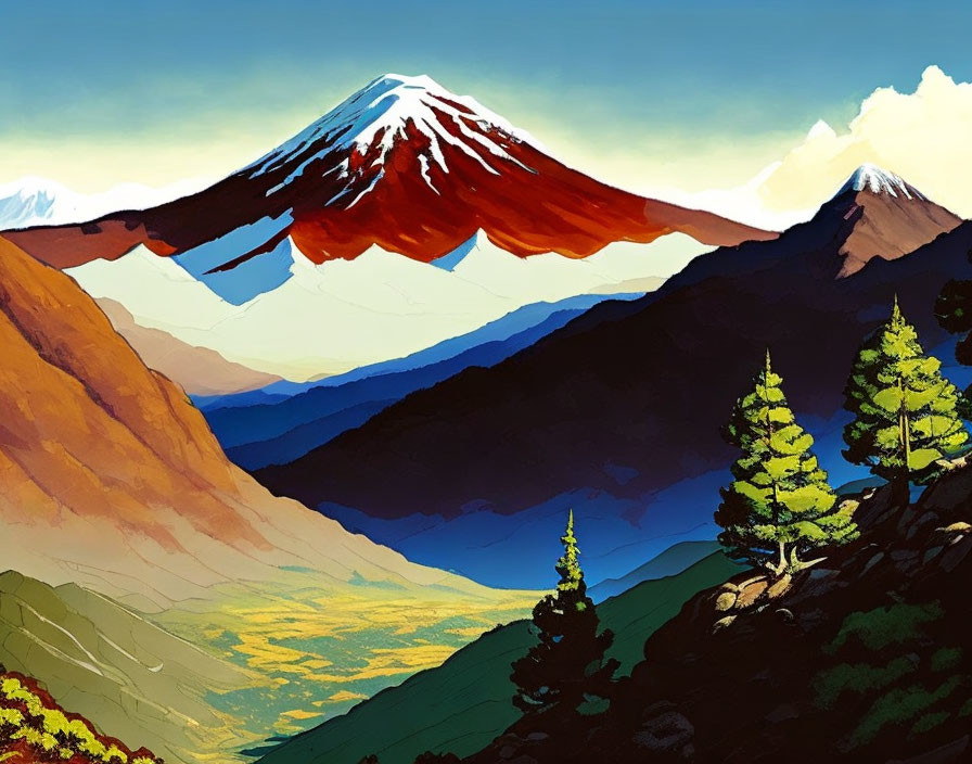 Colorful landscape illustration with snow-capped mountains and green trees