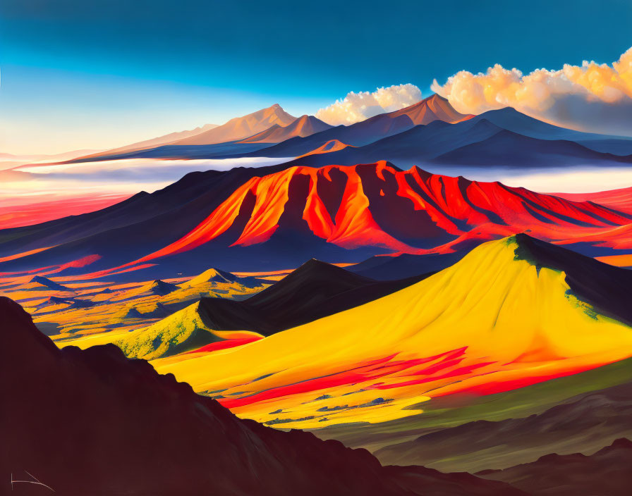 Colorful digital painting of mountain landscape at sunset