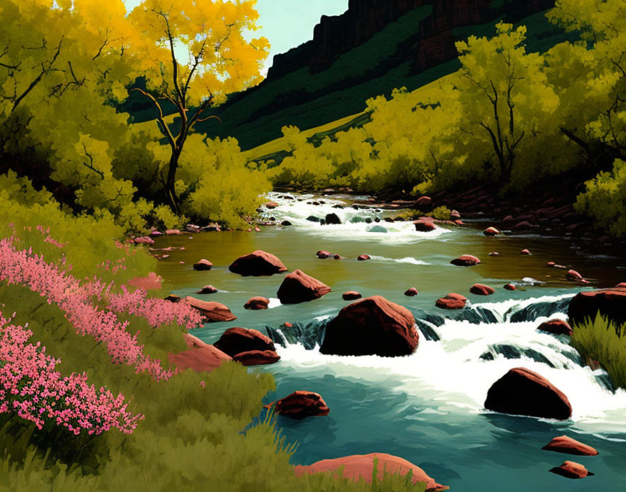 Scenic painting of river, greenery, yellow trees, pink flora