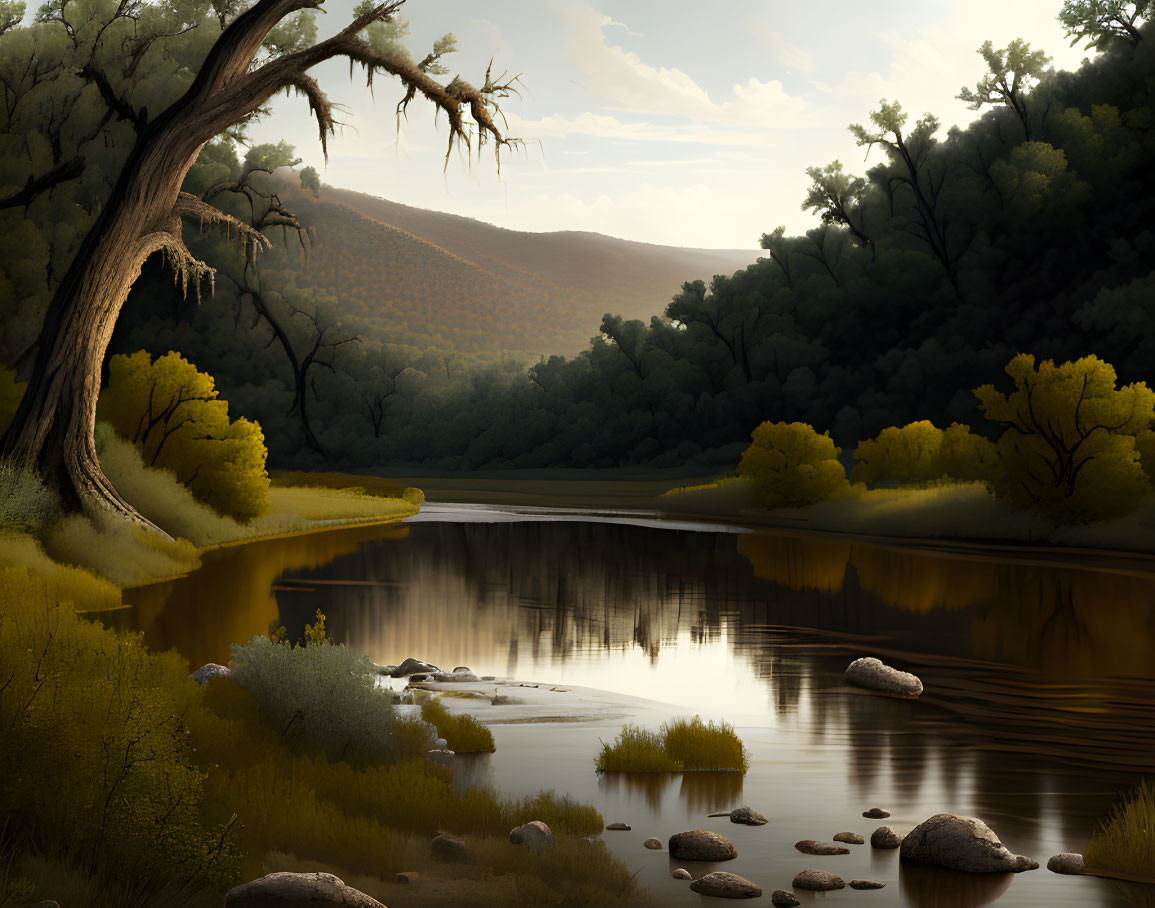 Tranquil river landscape with large tree, lush greenery, and boulders under warm light