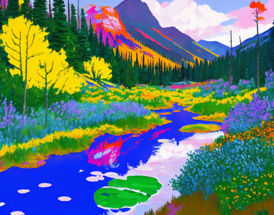 Colorful Mountain Landscape with Stream, Wildflowers, and Trees