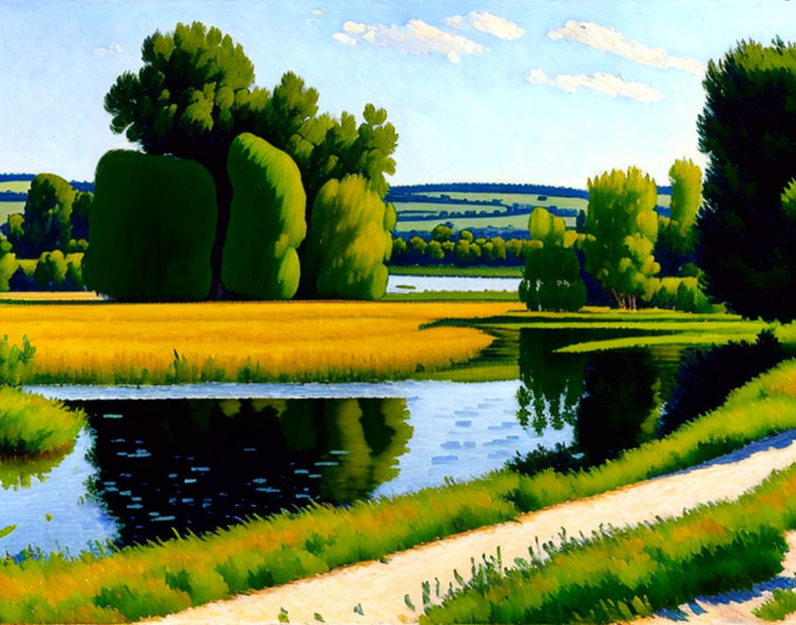 Tranquil landscape painting with river, greenery, fields, and sky