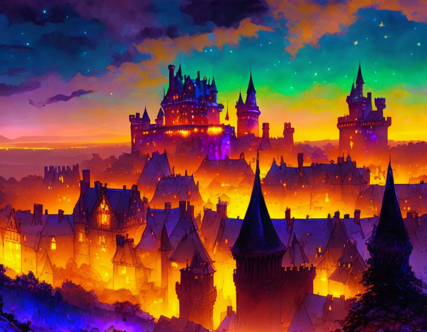 Fantastical castle illustration with colorful twilight sky