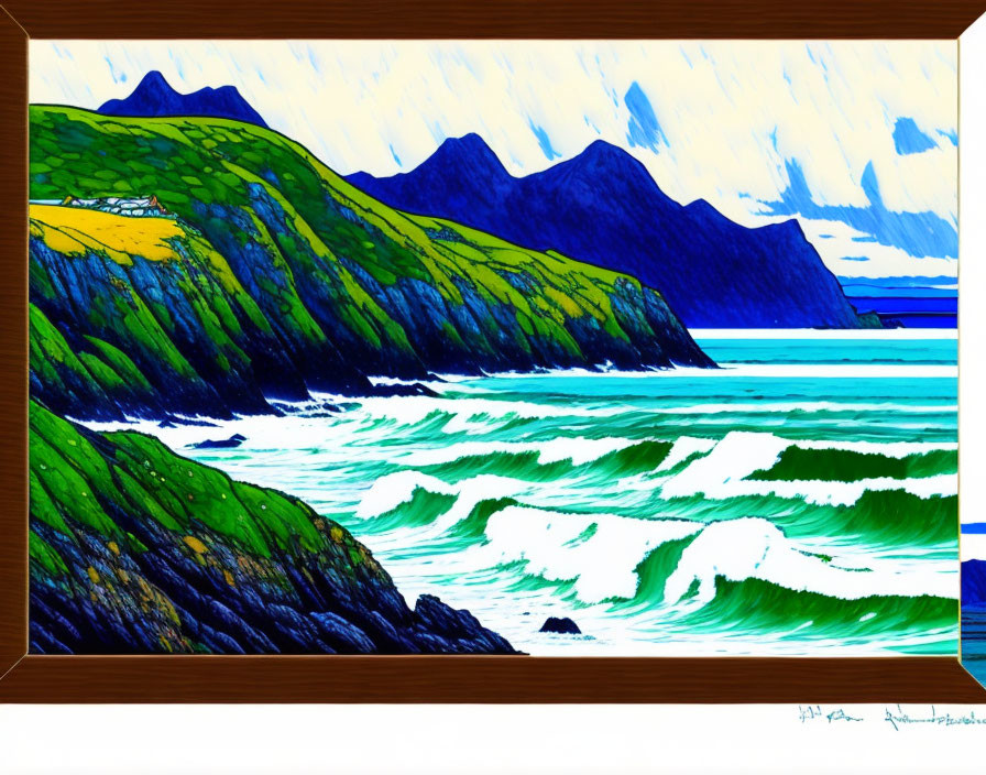 Colorful Coastal Scene Painting with Green Cliffs and Blue Waves