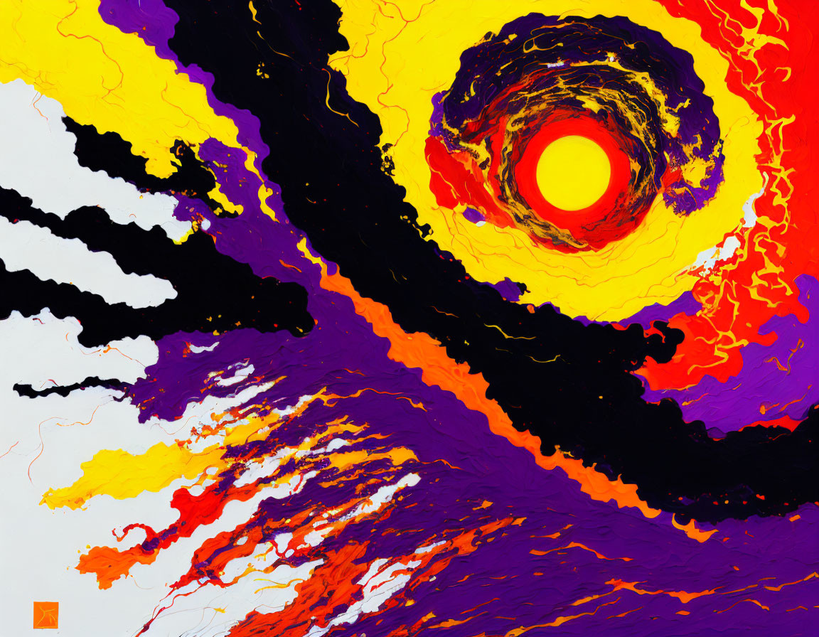 Colorful Abstract Painting with Swirling Purple, Yellow, Orange, and Black Hues