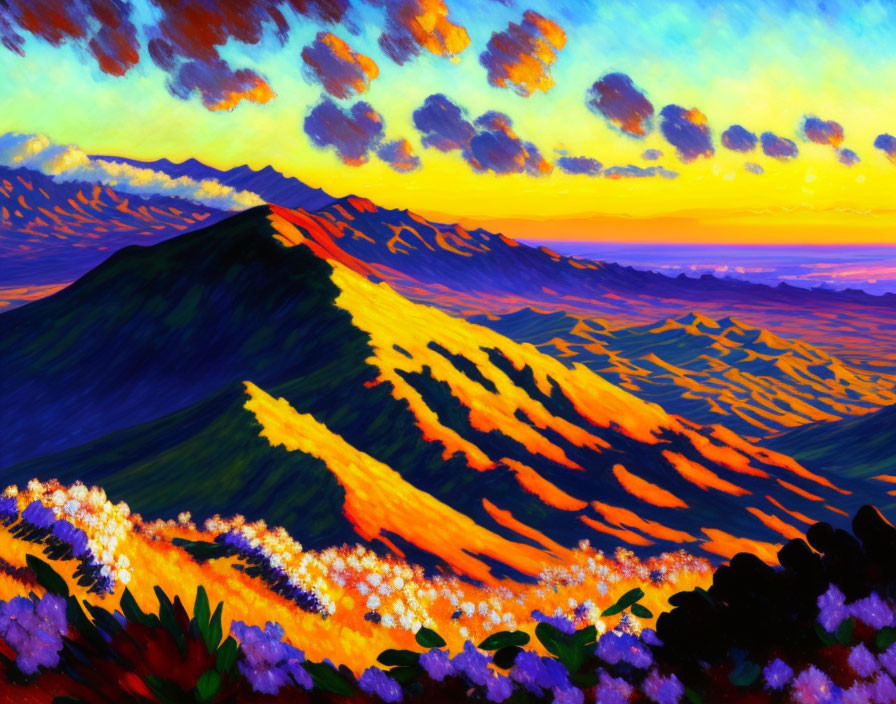 Colorful mountain landscape at sunset with orange light and wildflowers.