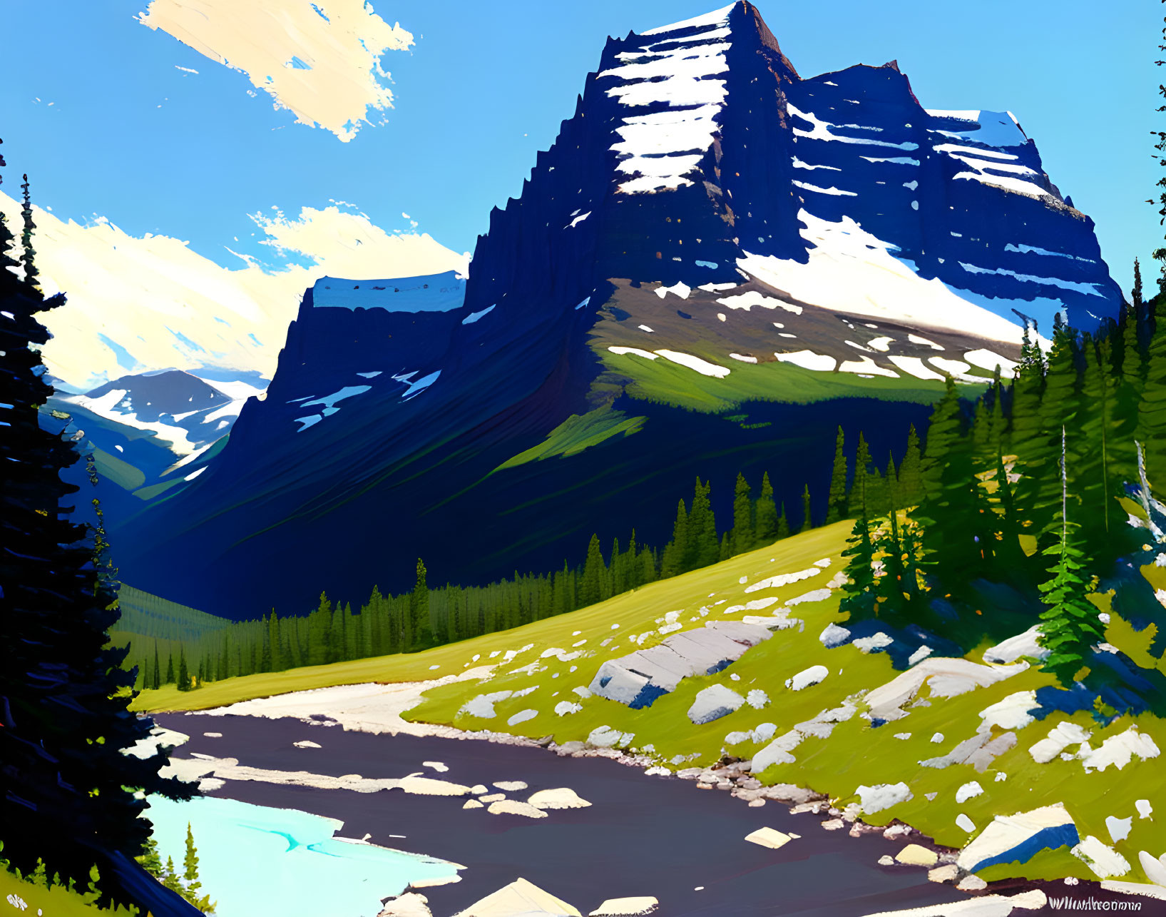 Majestic mountain landscape with lush forests and river in vibrant digital illustration