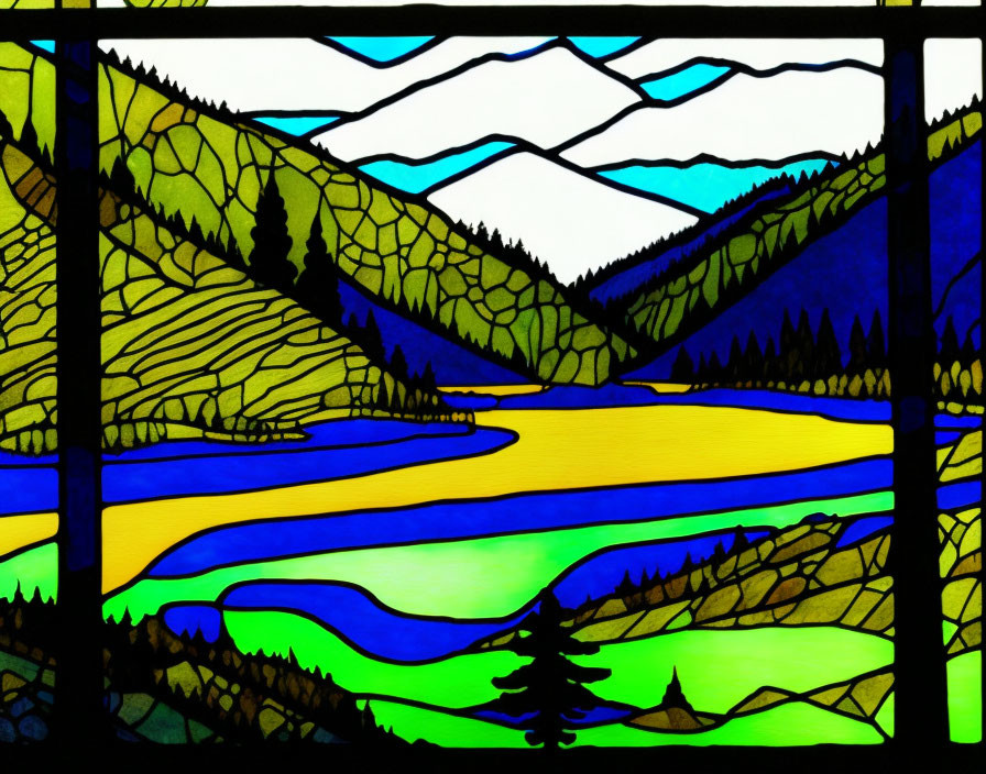 Colorful Stained Glass Art: Mountains, Trees & River