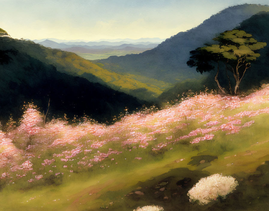 Tranquil landscape with flowering meadow, lone tree, and rolling hills