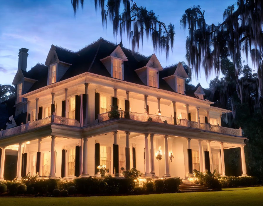 Grand illuminated house with columns, balconies, and hanging moss at twilight