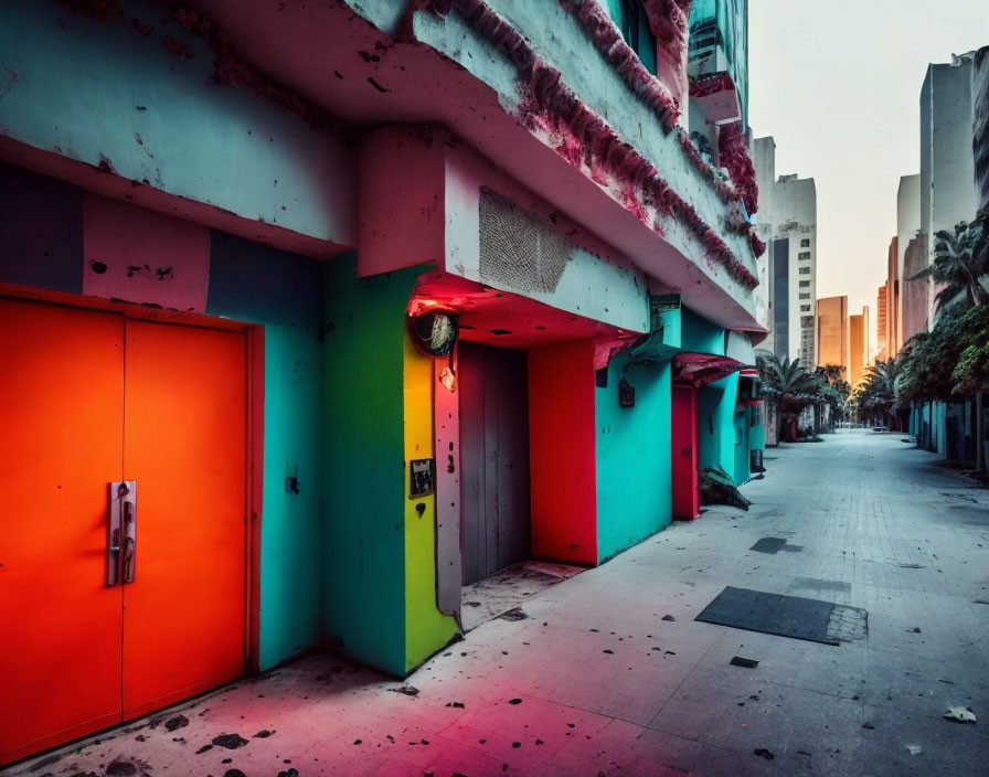 Colorful doors in vibrant urban alley at dusk