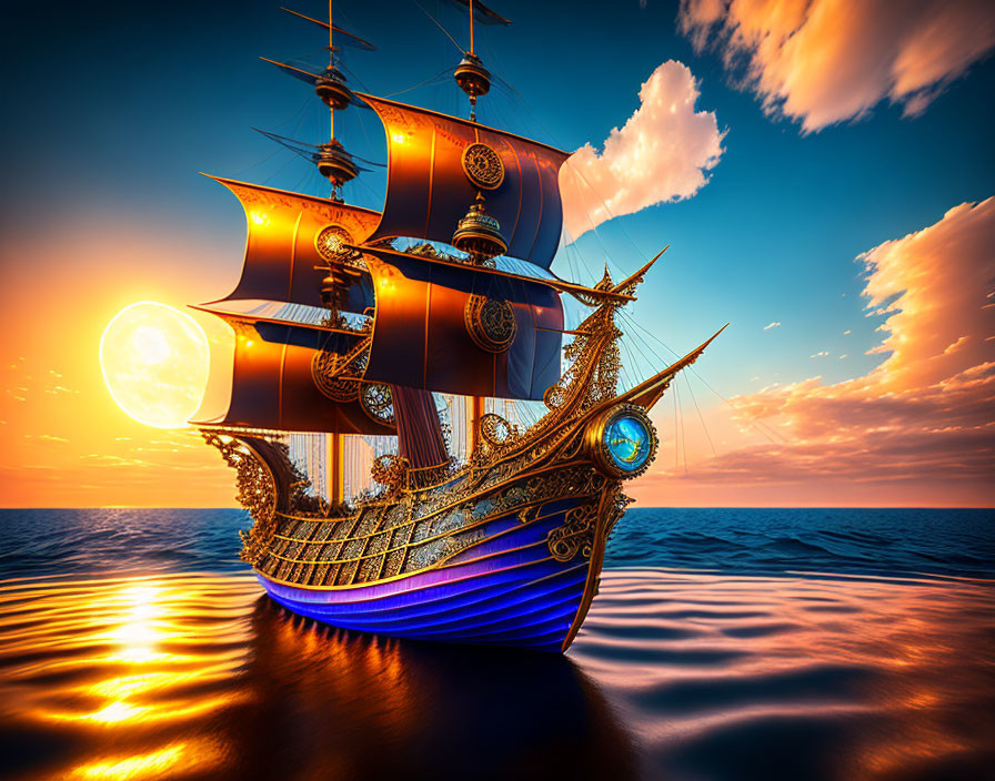 Golden and Blue Tall Ship Sailing at Sunset