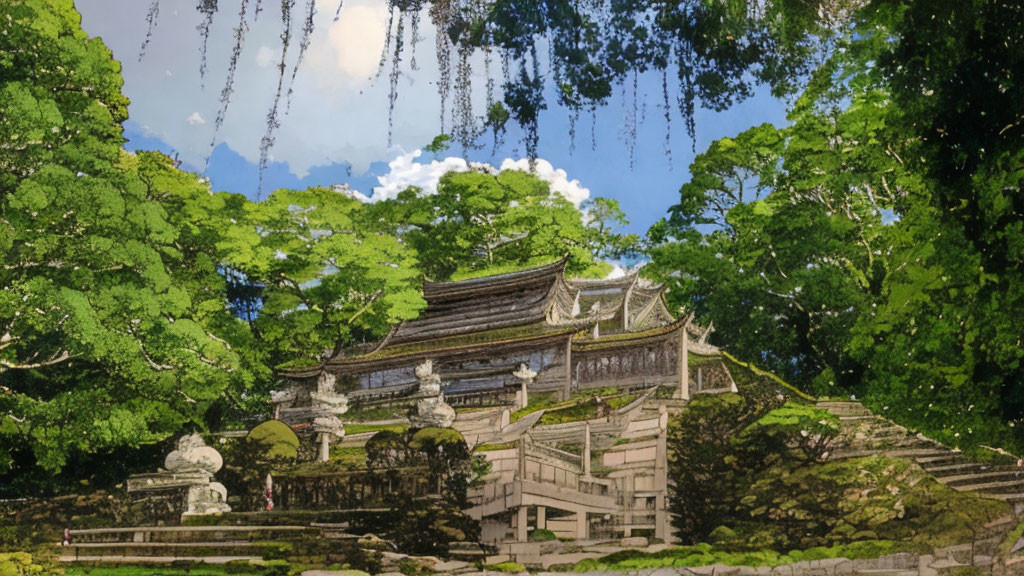 Traditional Japanese garden with pagoda, wisteria, and lush greenery under blue sky