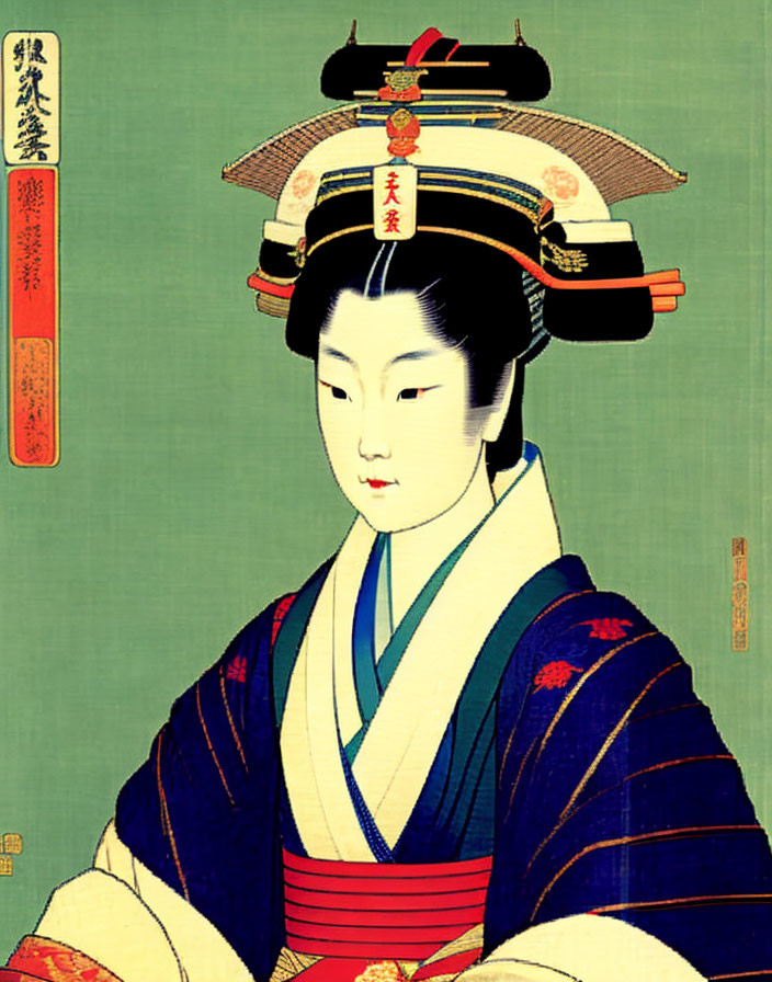 Japanese Woodblock Print: Woman in Kimono with Elaborate Hairpiece and Kanji Text