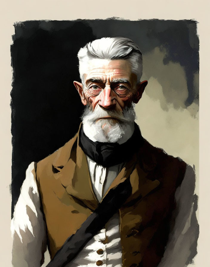 Elderly Man with White Hair and Beard in Brown Vest Illustration