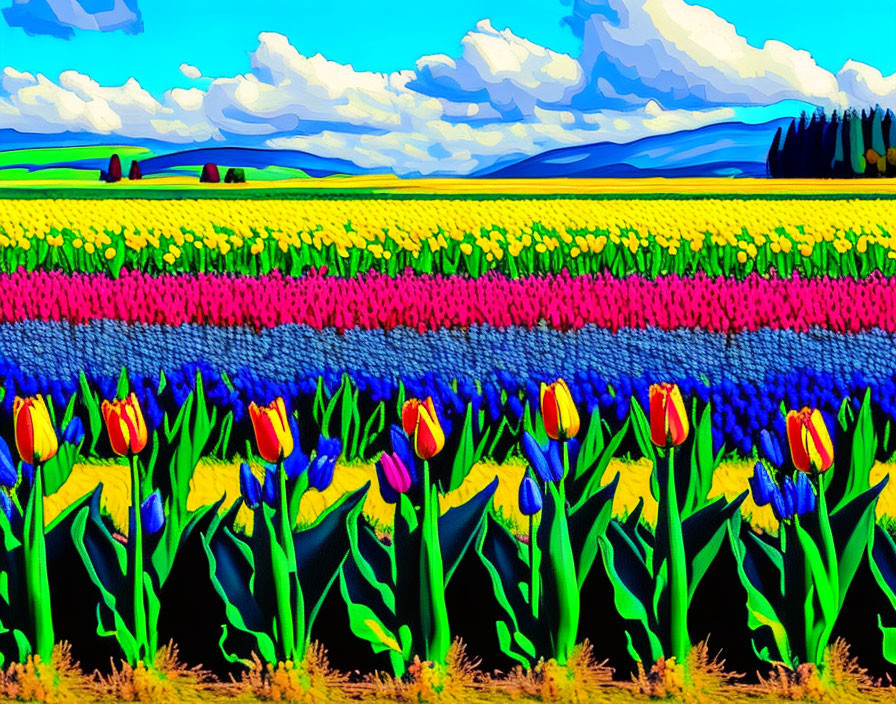 Colorful tulip fields in rows with trees and sky in painting-like effect