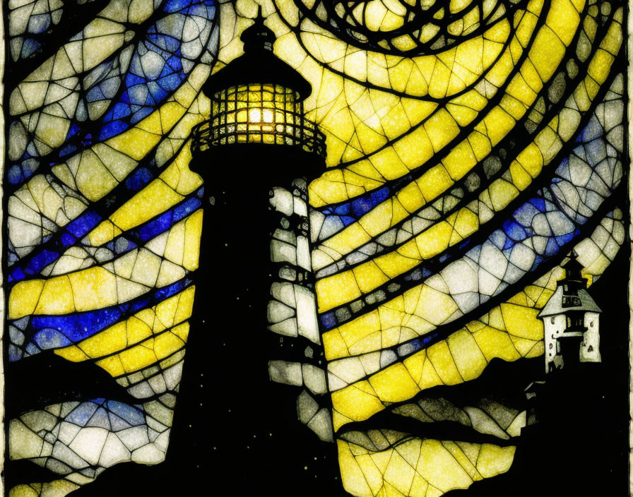 Stained Glass Artwork: Lighthouse and Spiral Pattern Sky