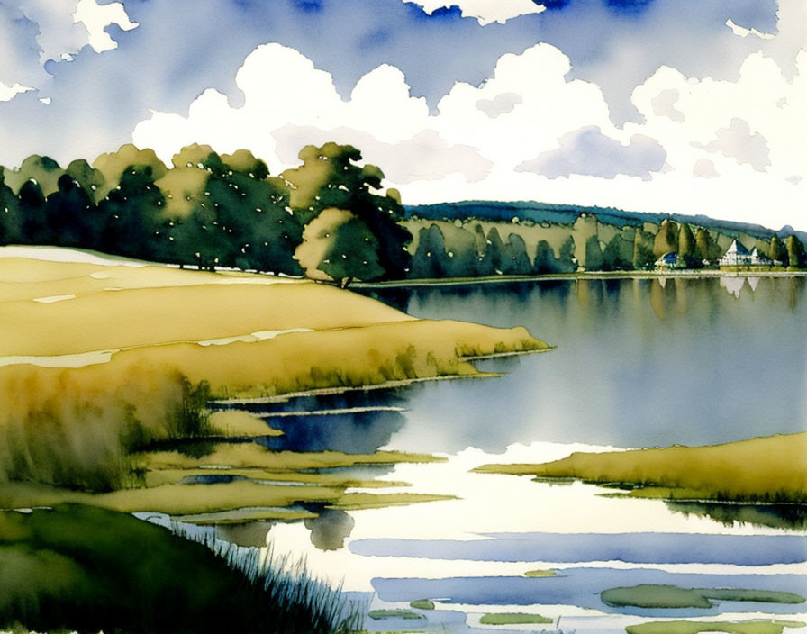 Tranquil watercolor landscape of calm lake and lush greenery