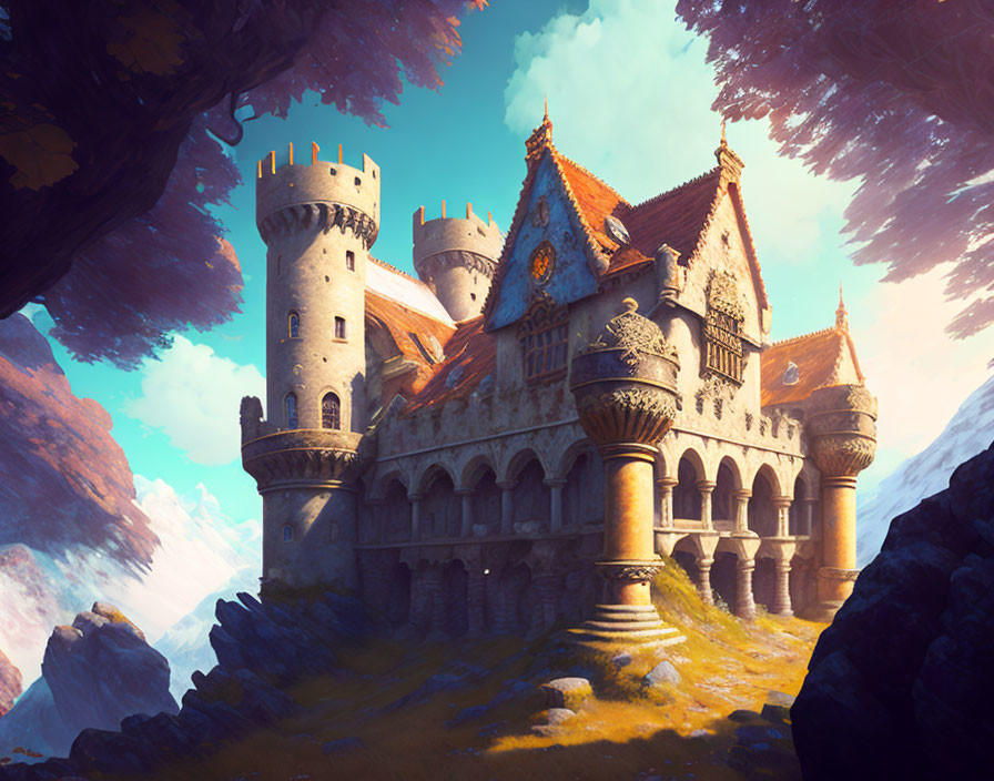 Fantasy castle illustration with towers and arched entrances in sunlight.