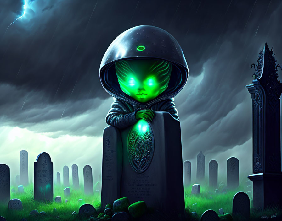 Green-skinned alien in helmet at night cemetery with stormy skies