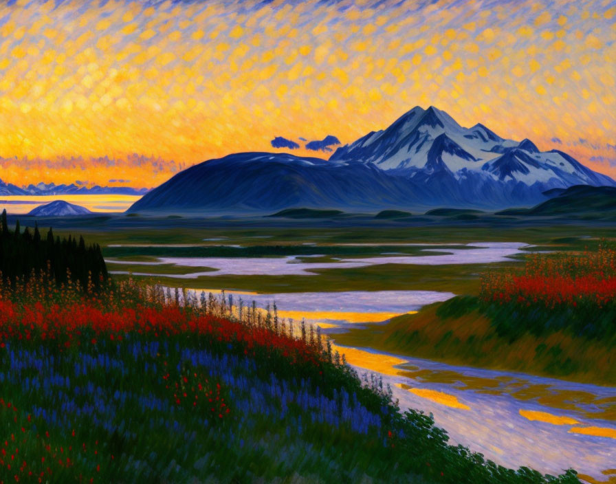 Mountain landscape painting with snow-capped peaks, river, red flowers, and textured sunset sky