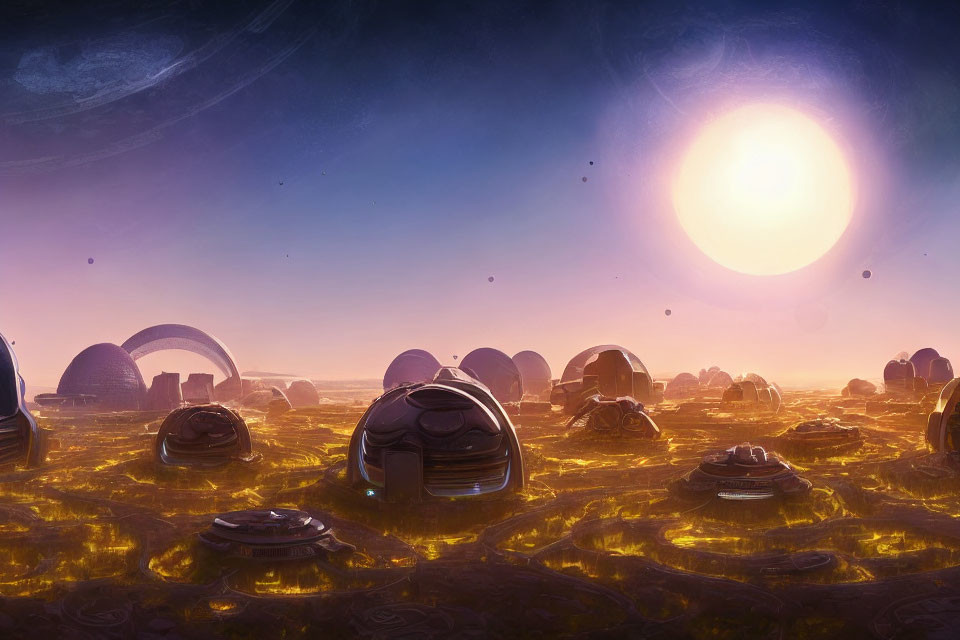 Futuristic sci-fi landscape with glowing sun, alien domes, and purple sky