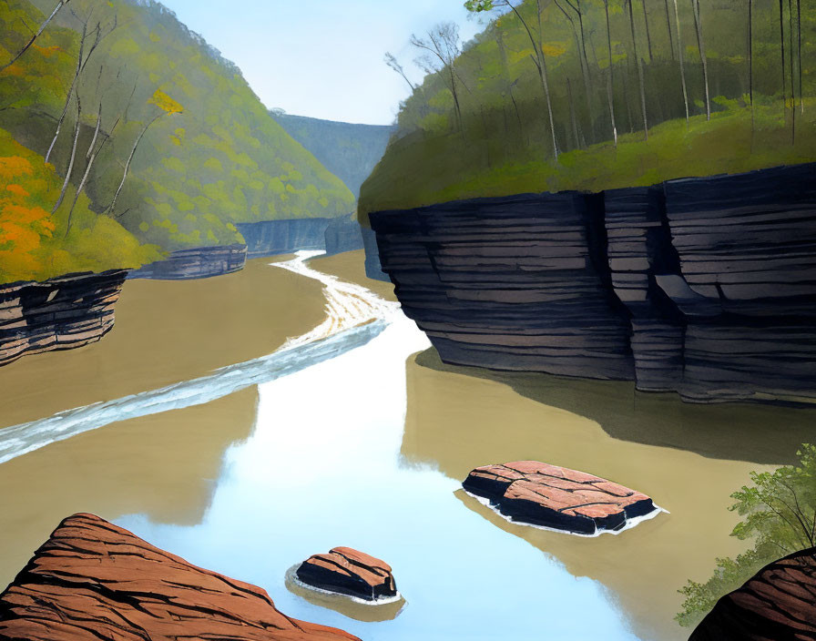 Tranquil river between steep cliffs with barges under blue sky