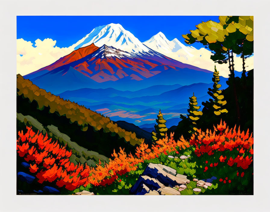 Colorful Stylized Mountain Painting with Snow-Capped Peaks