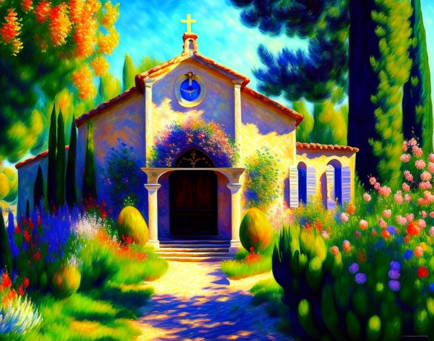 Scenic painting of chapel, flowers, cypress trees in sunlight