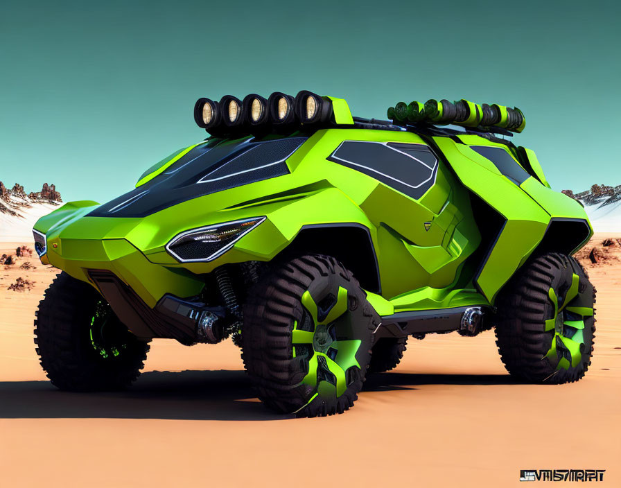 Aggressive Lime Green Off-Road Vehicle in Desert