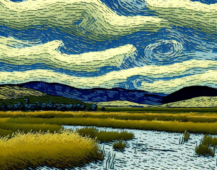 Illustration of swirling blue sky over yellow fields & distant hills