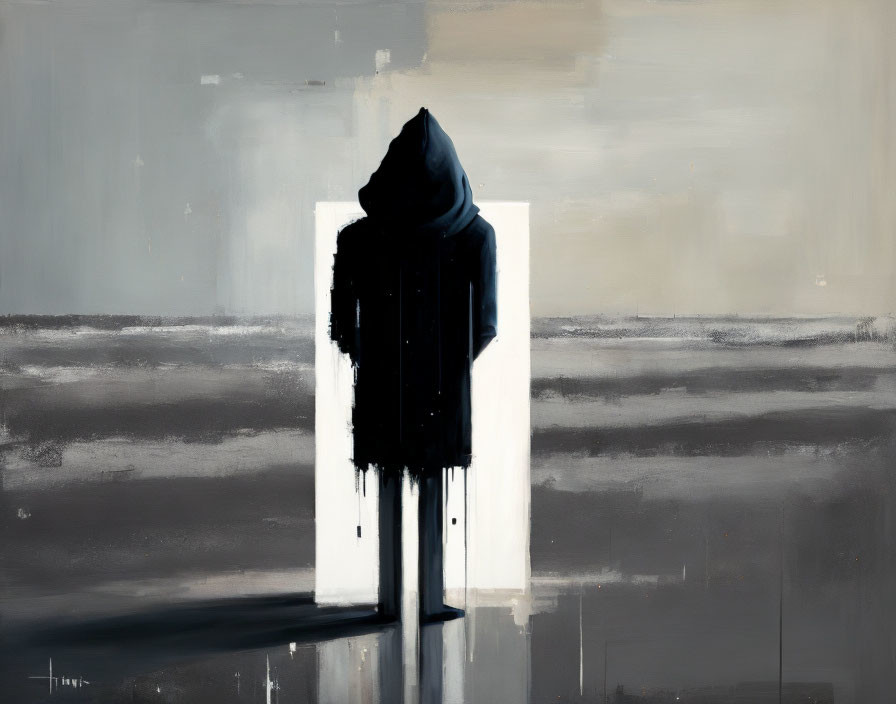 Hooded figure in front of abstract doorway on grayscale backdrop