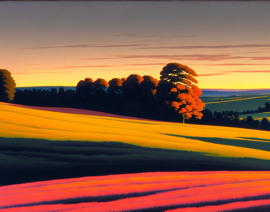 Colorful Fields Silhouetted by Vibrant Sunset