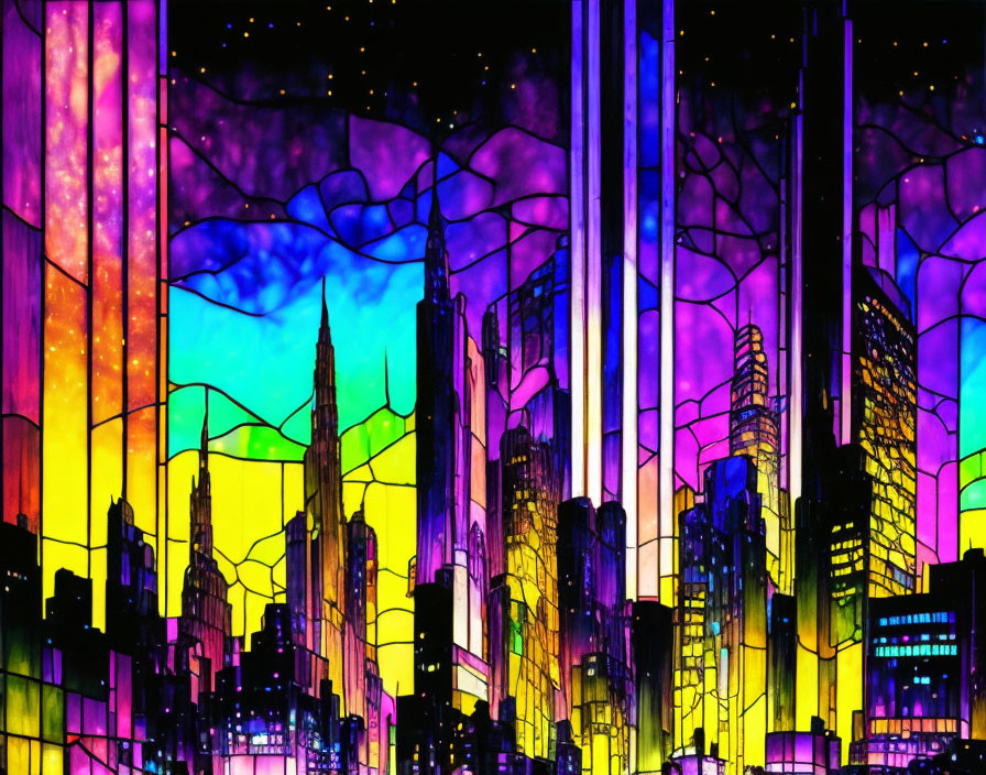 Colorful cityscape with stylized skyscrapers under cosmic sky.