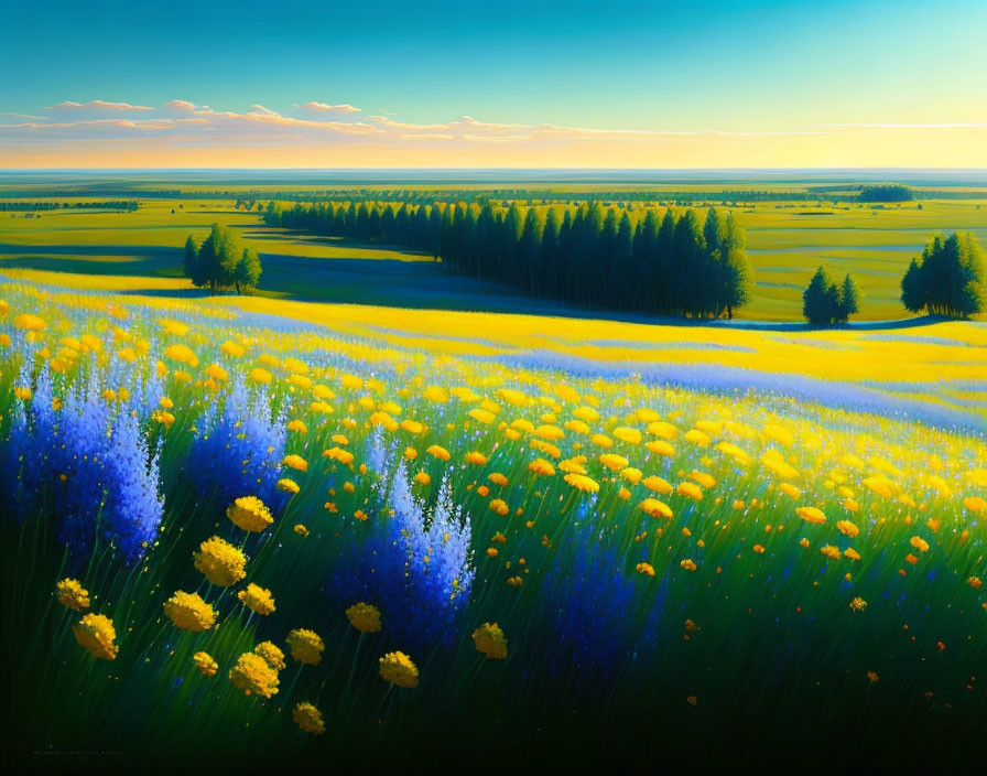 Colorful Landscape with Yellow and Blue Wildflowers, Green Fields, and Distant Trees