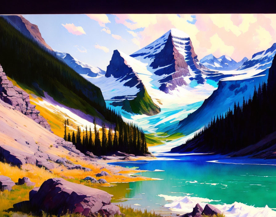 Colorful Mountain Landscape Painting with Turquoise Lake and Pine Trees