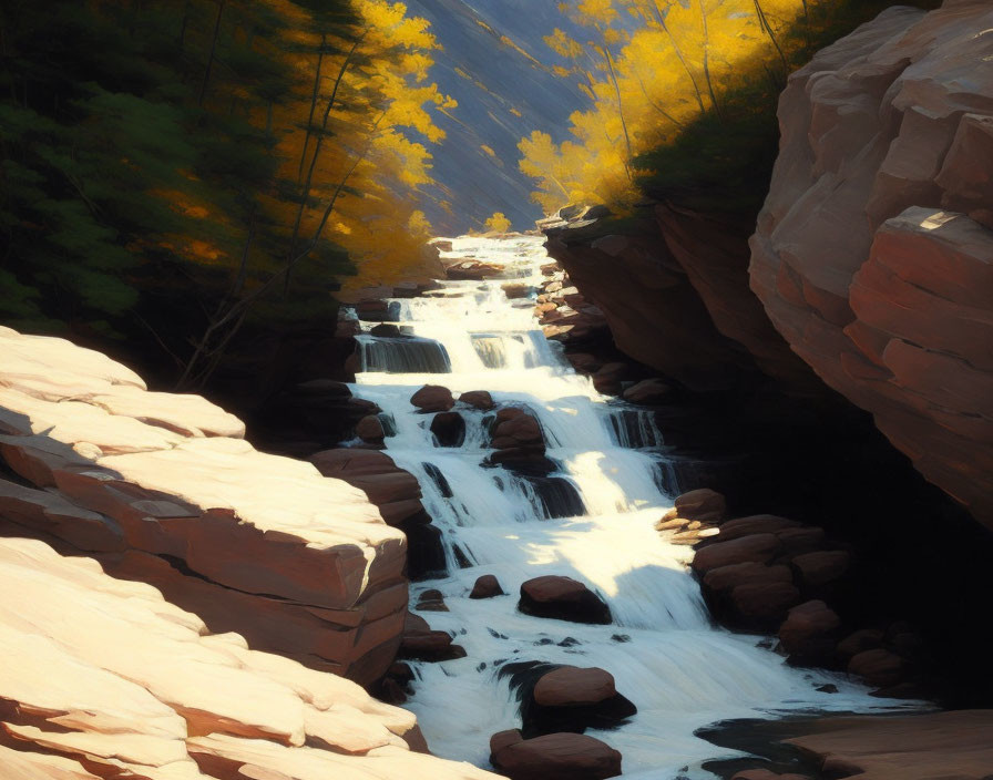 Autumn cascade in rocky gorge with trees and sunlight