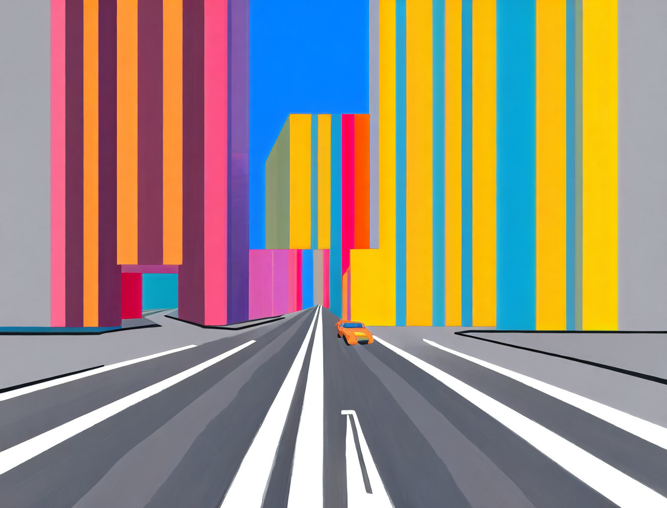 Vibrant geometric abstract cityscape painting with bold stripes and solitary car