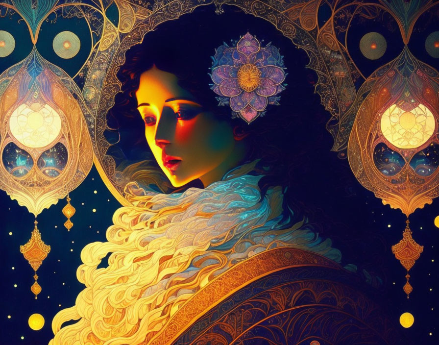 Woman's portrait with cosmic theme, peacock feathers, lanterns, and starlit background