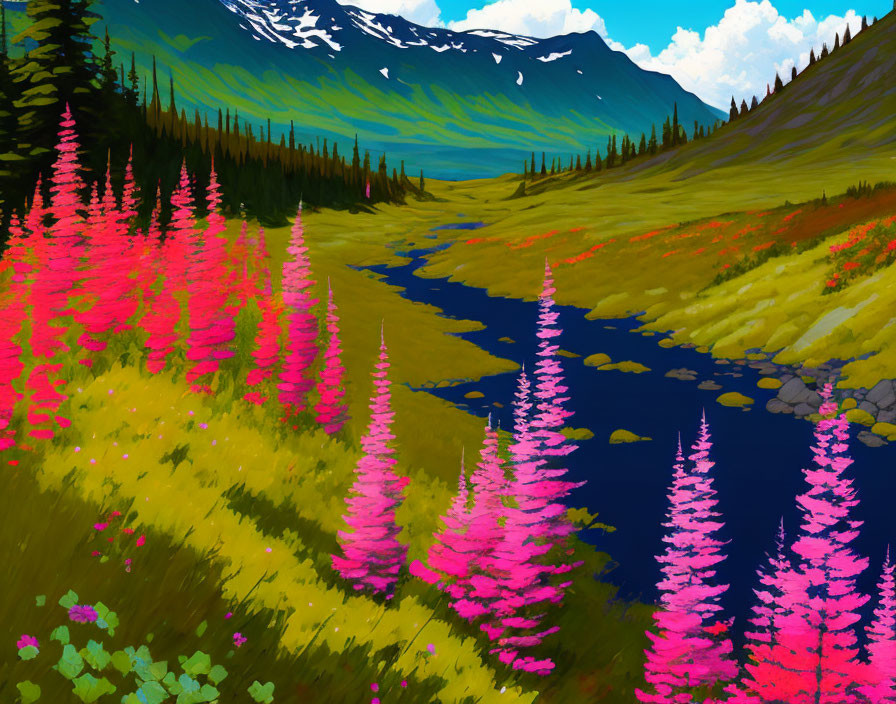 Pink Trees, River, Mountains: Vivid Landscape Scene