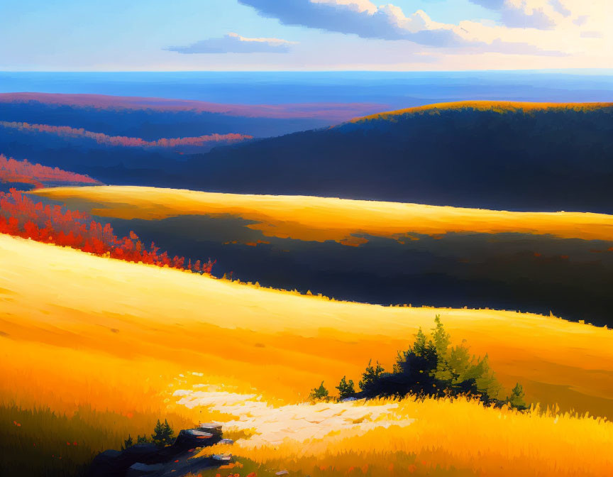 Colorful landscape painting: rolling hills, yellow and orange hues, red foliage, green trees, bright