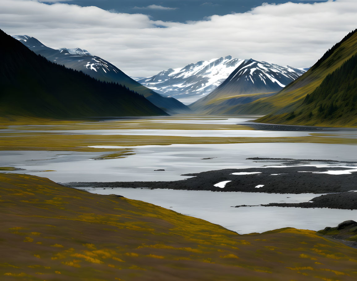 Mountain Valley Landscape with Snaking River & Snowy Peaks